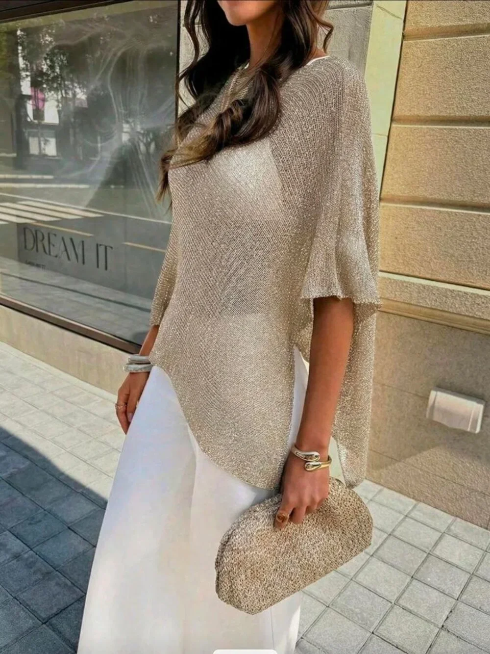 FOR BEAUTY ✦ Shiny Asymmetric Knit Top ✦ Gold Ribbed Lightweight Loose Fit M - Picture 9 of 9